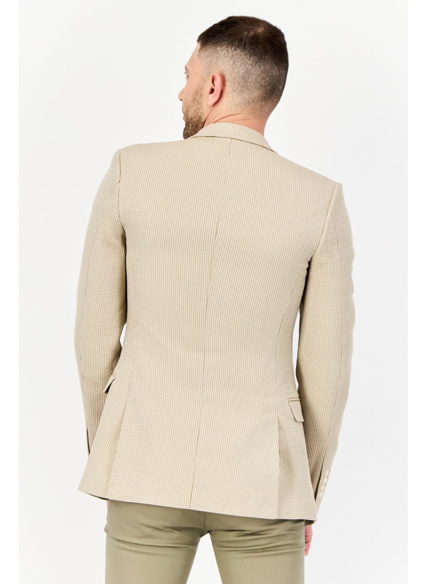 Men Skinny Fit Plaid Semi-Formal Blazer, Beige