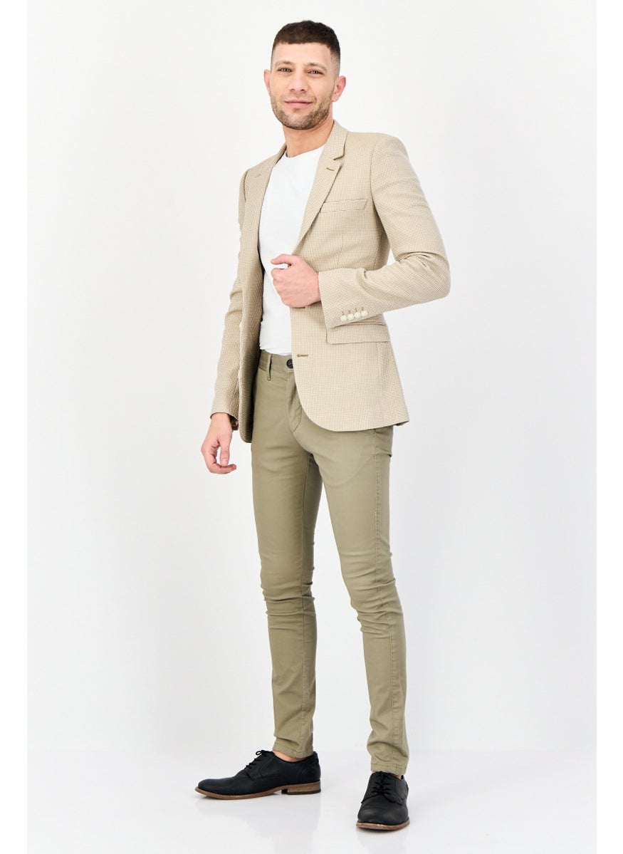 Men Skinny Fit Plaid Semi-Formal Blazer, Beige