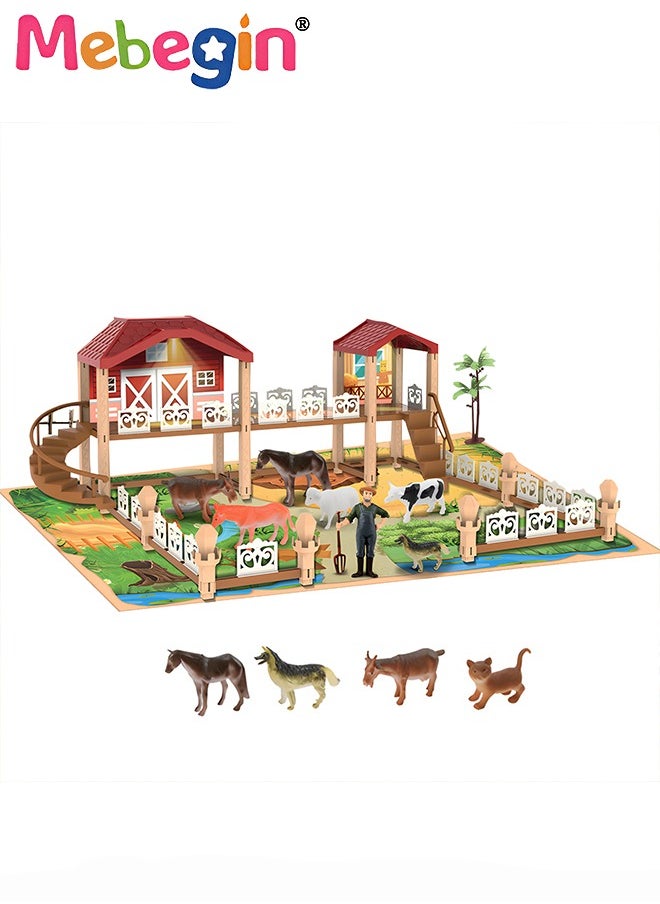 Farm Animals Playset Toys, Plastic Farm Animals Figurines and Fence Play Toy, Toy Farm Kit with Farmer, Animals and Building, Farming Model Toys Gifts for Kids 3+