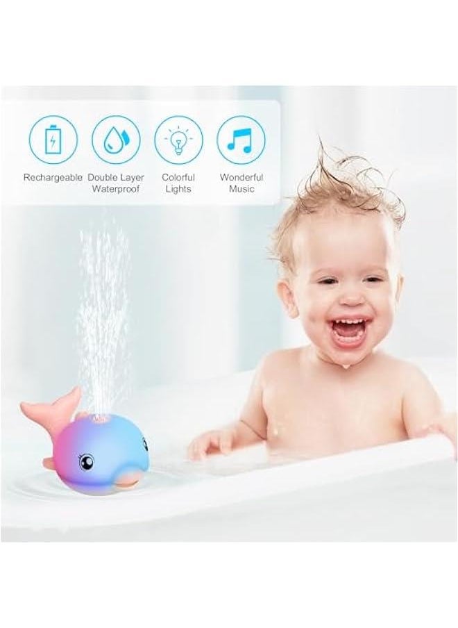 Bath Toys, Light Up Dolphin Baby Bath Toys for Babies 6-12 12-18 Months, Rechargeable Sprinkler Musical Toys, Easter Basket Stuffers Bathtub Toys for Toddlers 1-3 2-4 Boys Girls Infant Kids- Pink