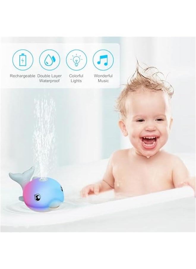 Bath Toys, Light Up Dolphin Baby Bath Toys for Babies 6-12 12-18 Months, Rechargeable Sprinkler Musical Toys, Easter Basket Stuffers Bathtub Toys for Toddlers 1-3 2-4 Boys Girls Infant Kids- Blue