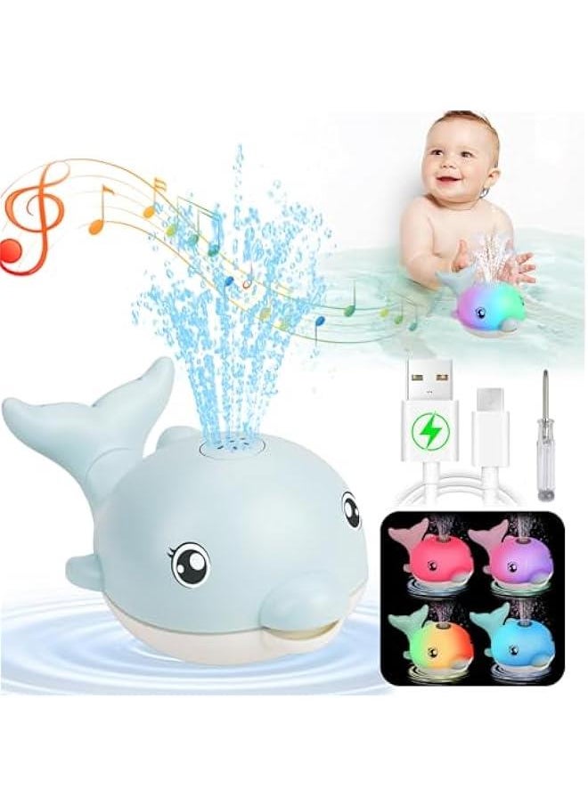 Bath Toys, Light Up Dolphin Baby Bath Toys for Babies 6-12 12-18 Months, Rechargeable Sprinkler Musical Toys, Easter Basket Stuffers Bathtub Toys for Toddlers 1-3 2-4 Boys Girls Infant Kids- Blue