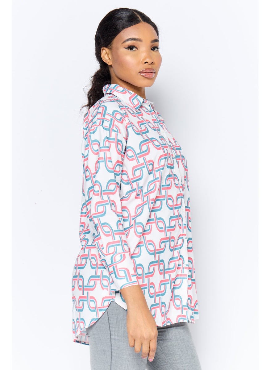 Women Spread Collar Long Sleeve Allover Print Shirt, Multicolor