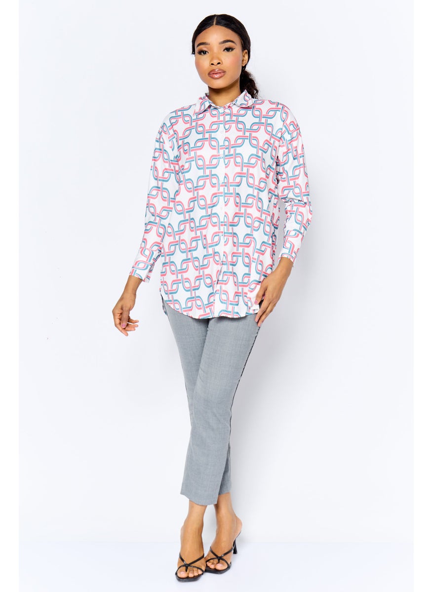 Women Spread Collar Long Sleeve Allover Print Shirt, Multicolor