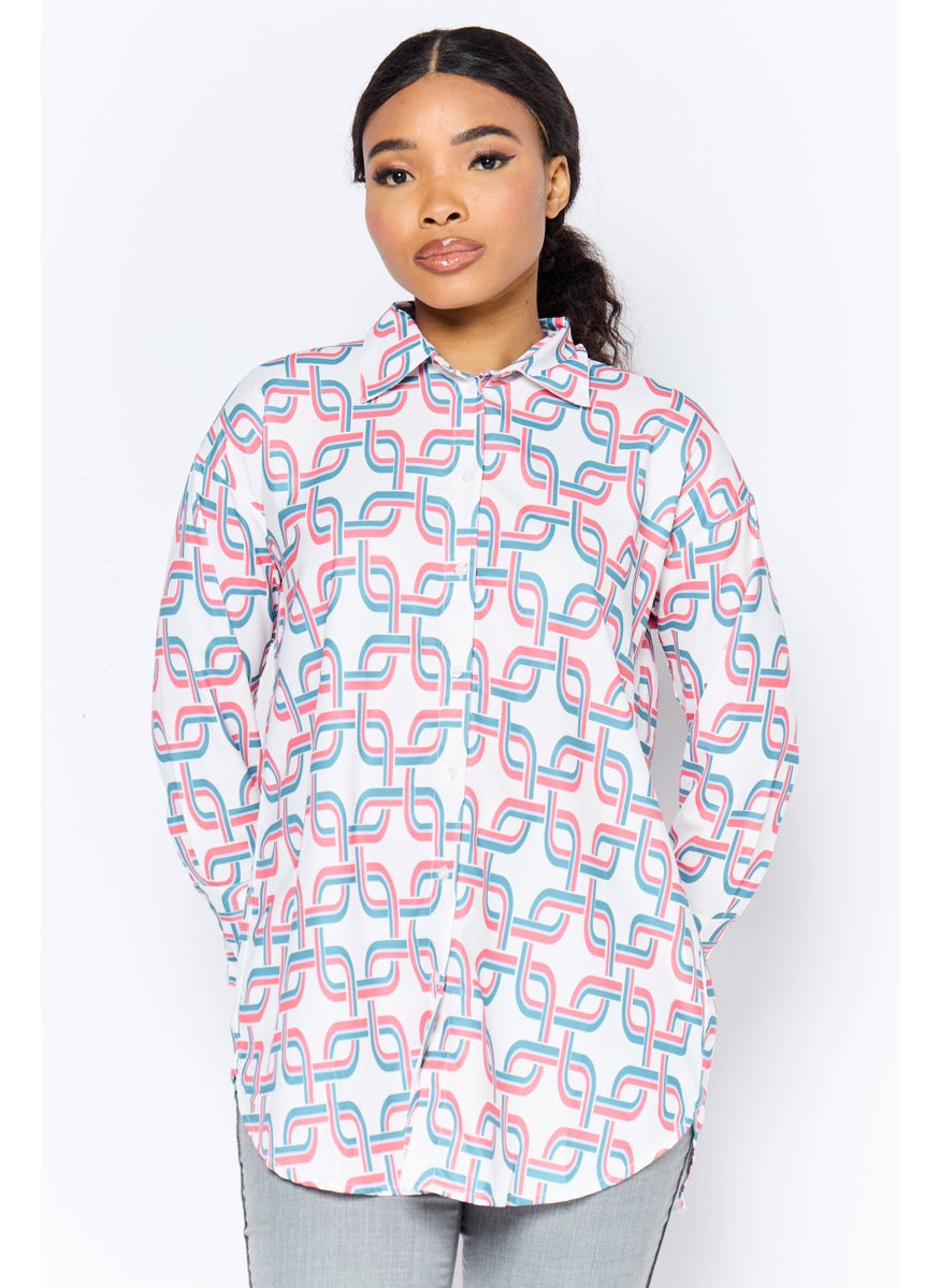 Women Spread Collar Long Sleeve Allover Print Shirt, Multicolor