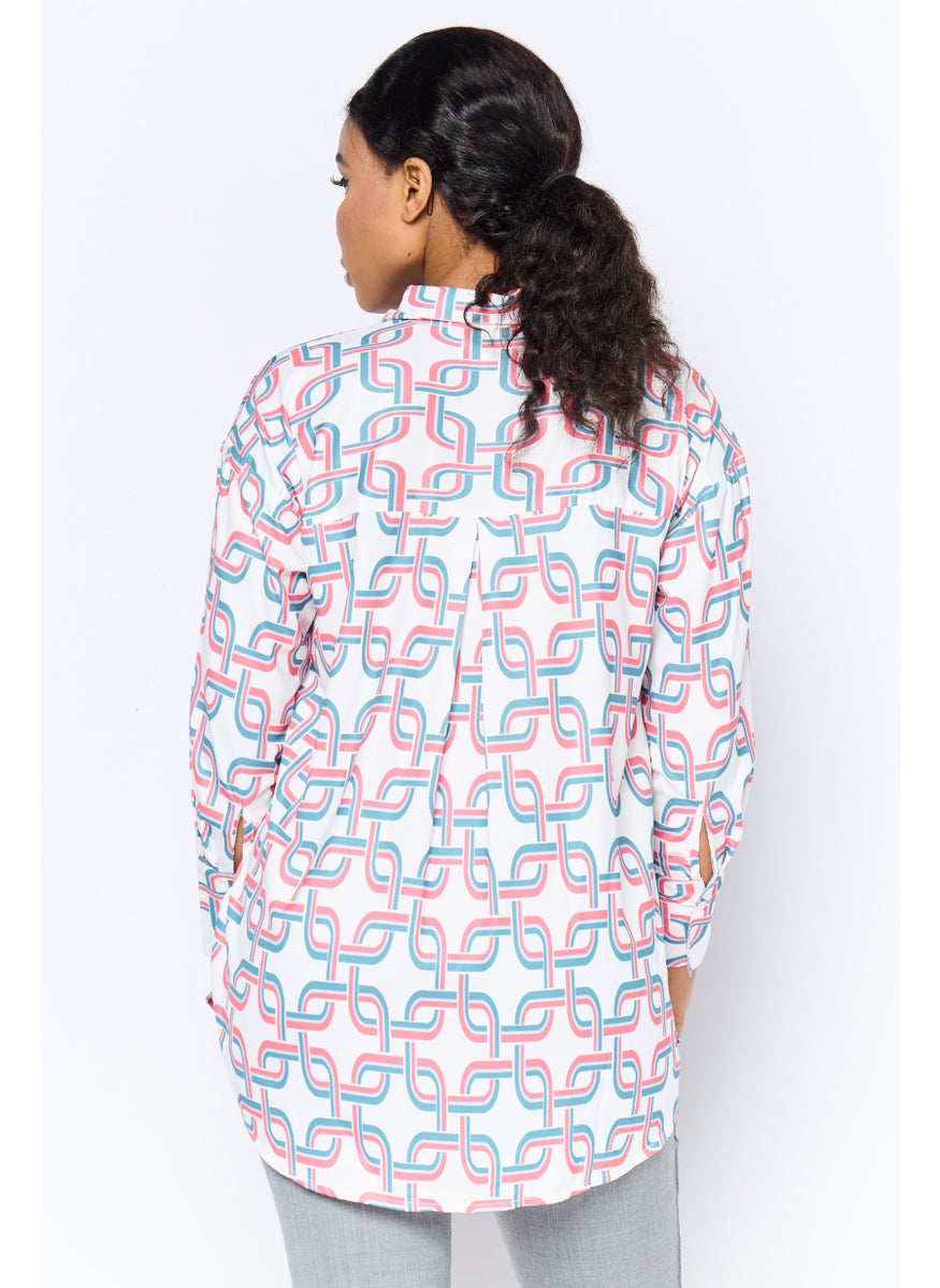 Women Spread Collar Long Sleeve Allover Print Shirt, Multicolor