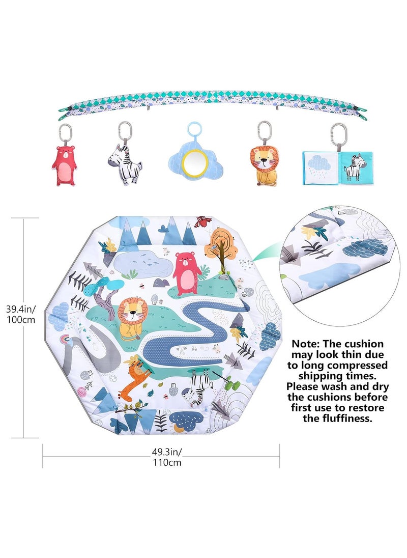 Tummy Time Mat, 4-in-1 Baby Play Mat Gym Activity for Infants Toddlers, with High Contrast Toys & Self-Discovery Mirror & Tummy Time Pillow for Sensory and Motor Skill Development. (Blue)