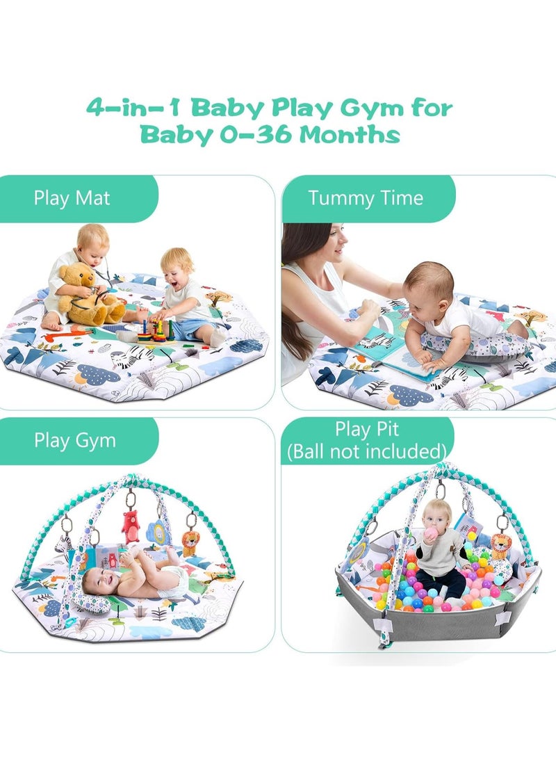 Tummy Time Mat, 4-in-1 Baby Play Mat Gym Activity for Infants Toddlers, with High Contrast Toys & Self-Discovery Mirror & Tummy Time Pillow for Sensory and Motor Skill Development. (Blue)