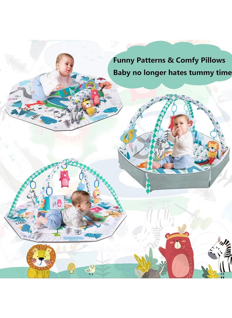 Tummy Time Mat, 4-in-1 Baby Play Mat Gym Activity for Infants Toddlers, with High Contrast Toys & Self-Discovery Mirror & Tummy Time Pillow for Sensory and Motor Skill Development. (Blue)