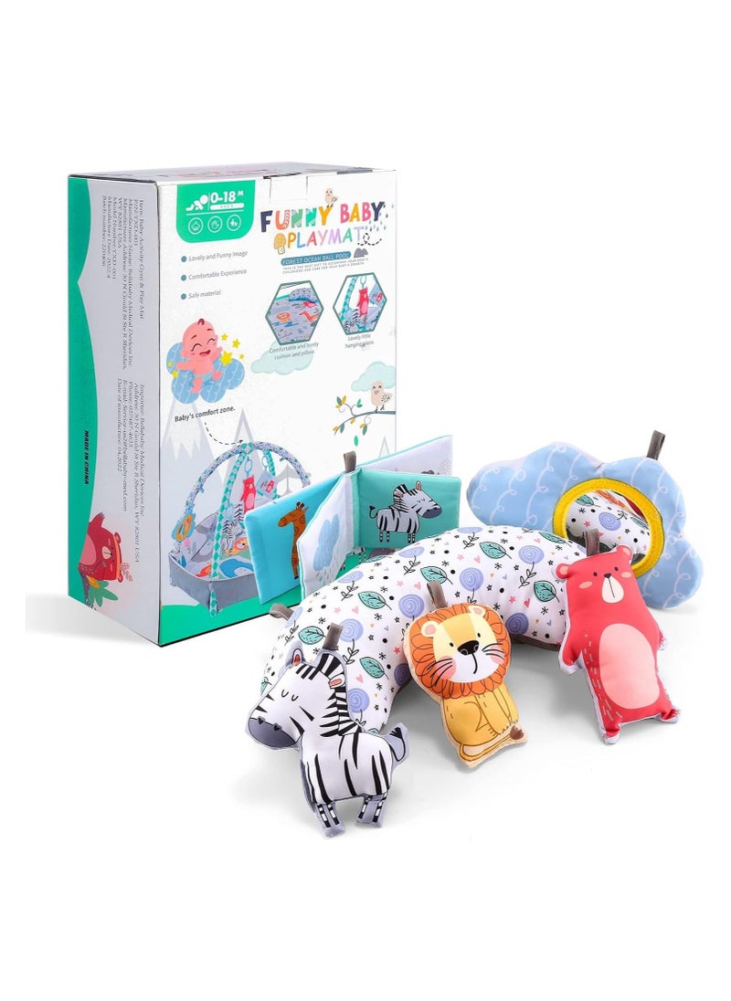 Tummy Time Mat, 4-in-1 Baby Play Mat Gym Activity for Infants Toddlers, with High Contrast Toys & Self-Discovery Mirror & Tummy Time Pillow for Sensory and Motor Skill Development. (Blue)