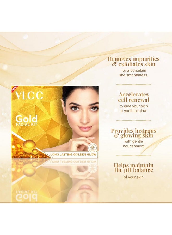 VLCC Gold Facial Kit - Single Use | Salon Like Facial at Home in Just 6-Steps | Includes Cleanser, Scrub, Cream, Face Pack & Moisturizing Gels | 2.12 Oz/60g