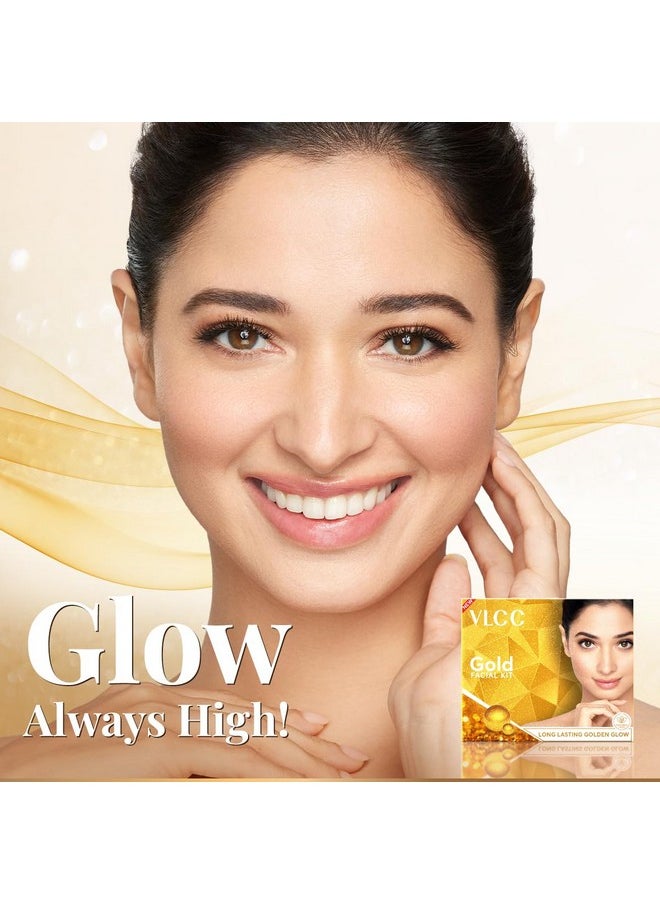VLCC Gold Facial Kit - Single Use | Salon Like Facial at Home in Just 6-Steps | Includes Cleanser, Scrub, Cream, Face Pack & Moisturizing Gels | 2.12 Oz/60g