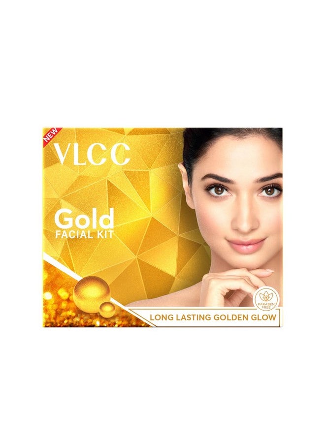 VLCC Gold Facial Kit - Single Use | Salon Like Facial at Home in Just 6-Steps | Includes Cleanser, Scrub, Cream, Face Pack & Moisturizing Gels | 2.12 Oz/60g