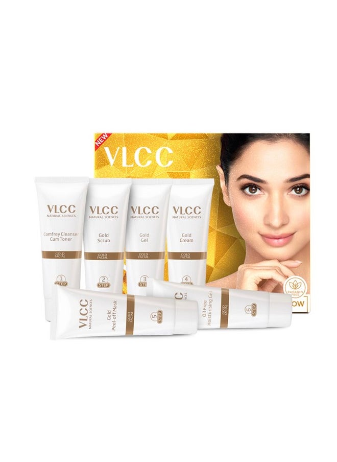 VLCC Gold Facial Kit - Single Use | Salon Like Facial at Home in Just 6-Steps | Includes Cleanser, Scrub, Cream, Face Pack & Moisturizing Gels | 2.12 Oz/60g