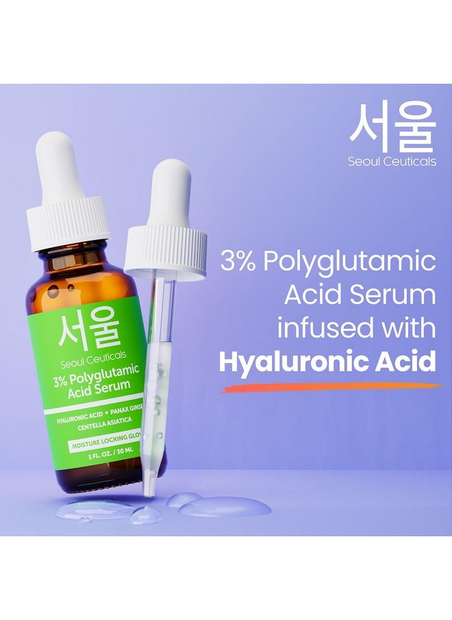 SeoulCeuticals Organic Polyglutamic Acid Serum - Korean Skin Care + Hyaluronic Acid + Centella Asiatica - K Beauty Anti Aging - Healthy Glowing Skin 1oz