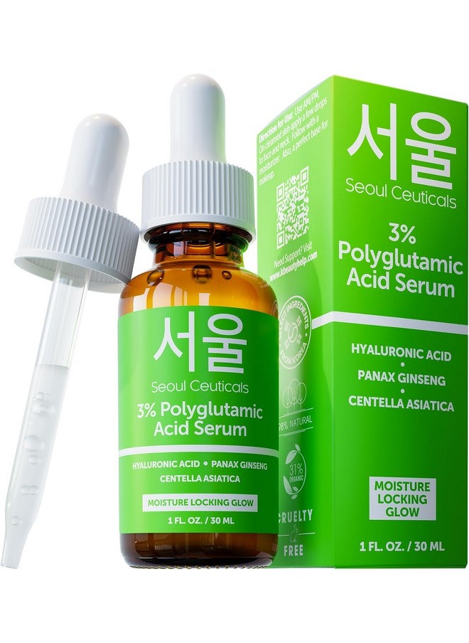 SeoulCeuticals Organic Polyglutamic Acid Serum - Korean Skin Care + Hyaluronic Acid + Centella Asiatica - K Beauty Anti Aging - Healthy Glowing Skin 1oz