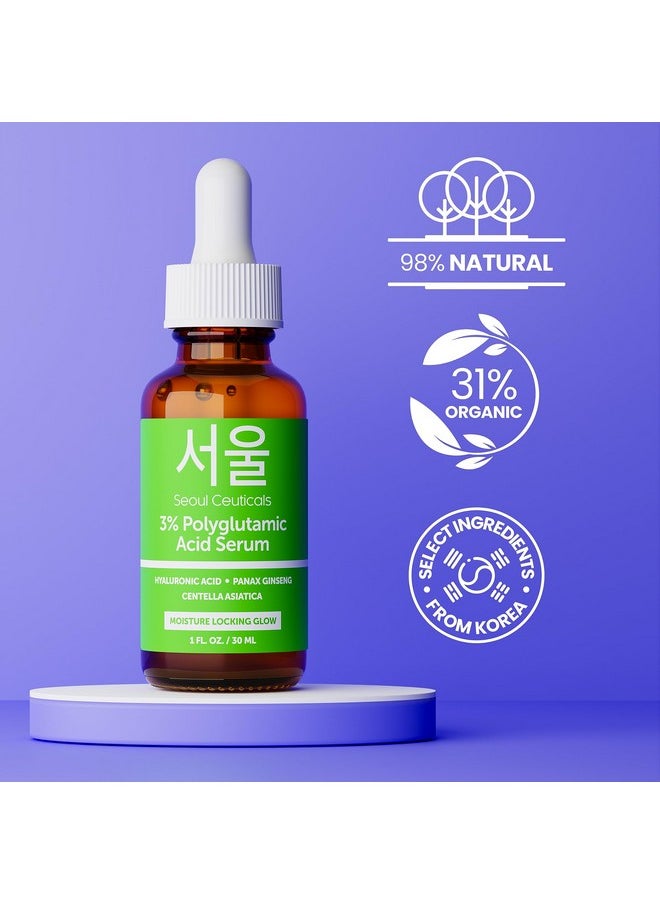 SeoulCeuticals Organic Polyglutamic Acid Serum - Korean Skin Care + Hyaluronic Acid + Centella Asiatica - K Beauty Anti Aging - Healthy Glowing Skin 1oz