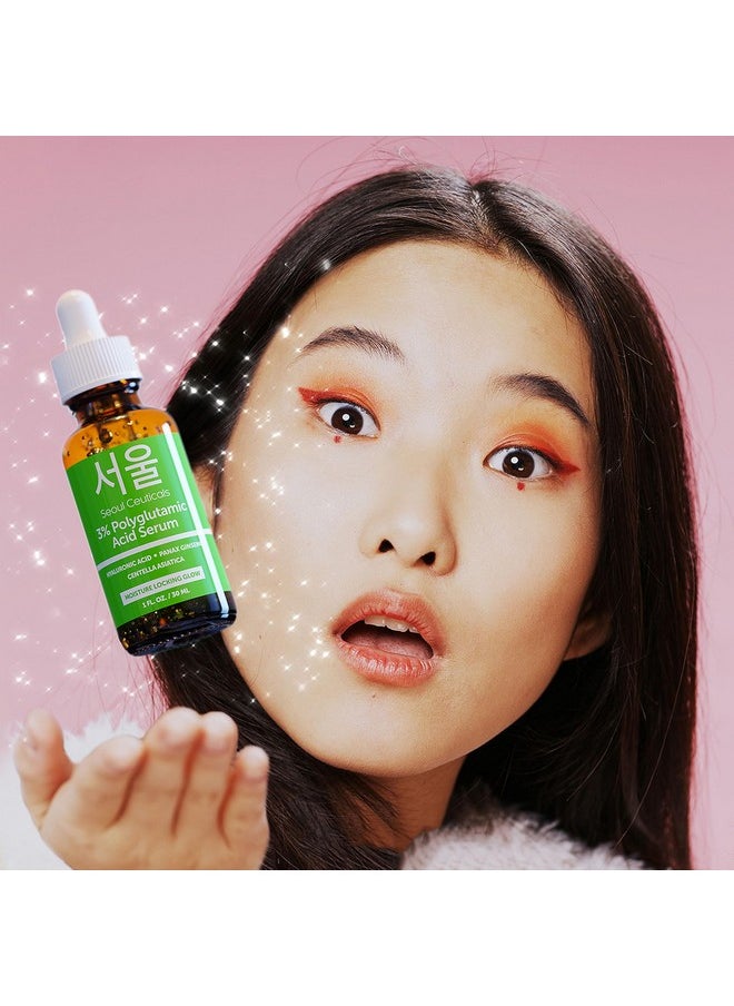 SeoulCeuticals Organic Polyglutamic Acid Serum - Korean Skin Care + Hyaluronic Acid + Centella Asiatica - K Beauty Anti Aging - Healthy Glowing Skin 1oz