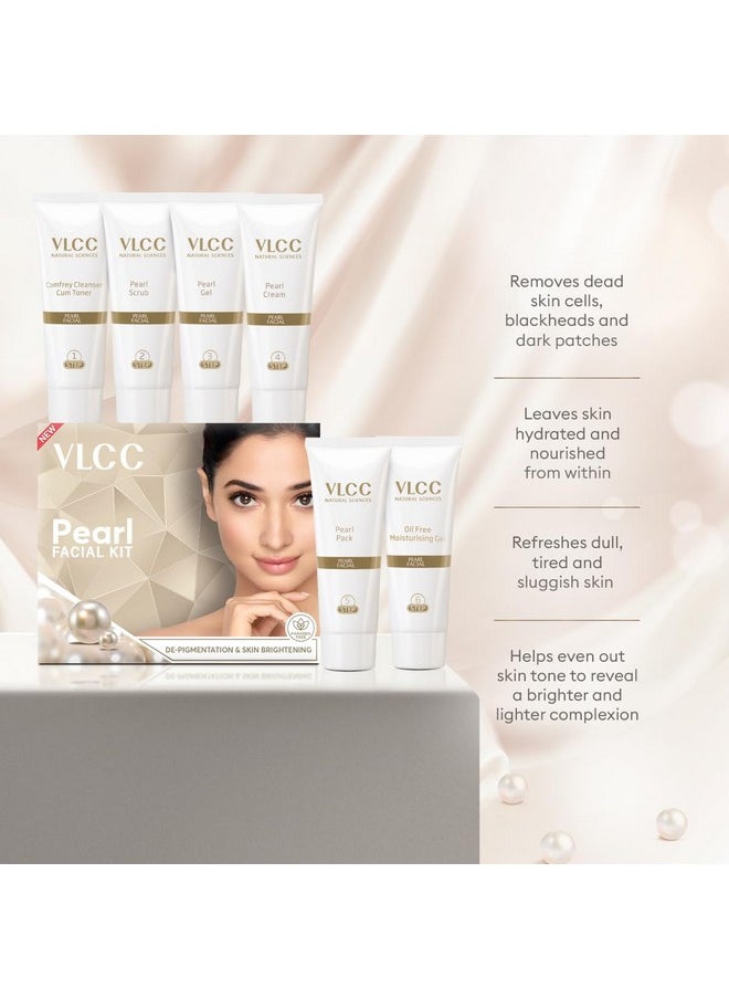 VLCC Natural Pearl Facial Kit - Single Use | Salon Like Facial at Home in Just 6-Steps | Includes Cleanser, Scrub, Cream, Face Pack & Oil Free Gels | 2.12 Oz/60g