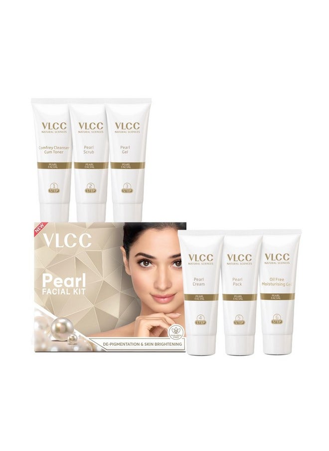 VLCC Natural Pearl Facial Kit - Single Use | Salon Like Facial at Home in Just 6-Steps | Includes Cleanser, Scrub, Cream, Face Pack & Oil Free Gels | 2.12 Oz/60g