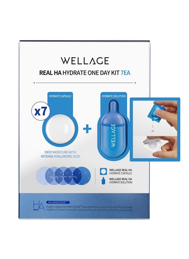 WELLAGE Real HA Hydrate One Day Kit 7ea, Firming and Moisturizing Care, High Concentration Hyaluronic Acid Serum for Dry and Sensitive Skin, Clear Blue Formula with 8 Herbal Extracts
