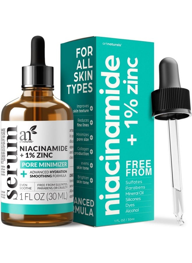 Artnaturals Niacinamide Face Serum, 10% Active Niacinamide with 1% Zinc PCA & Vitamin B3 - Hyaluronic Acid, Pore Reducer, Mineral Blemish Protection, 1 oz