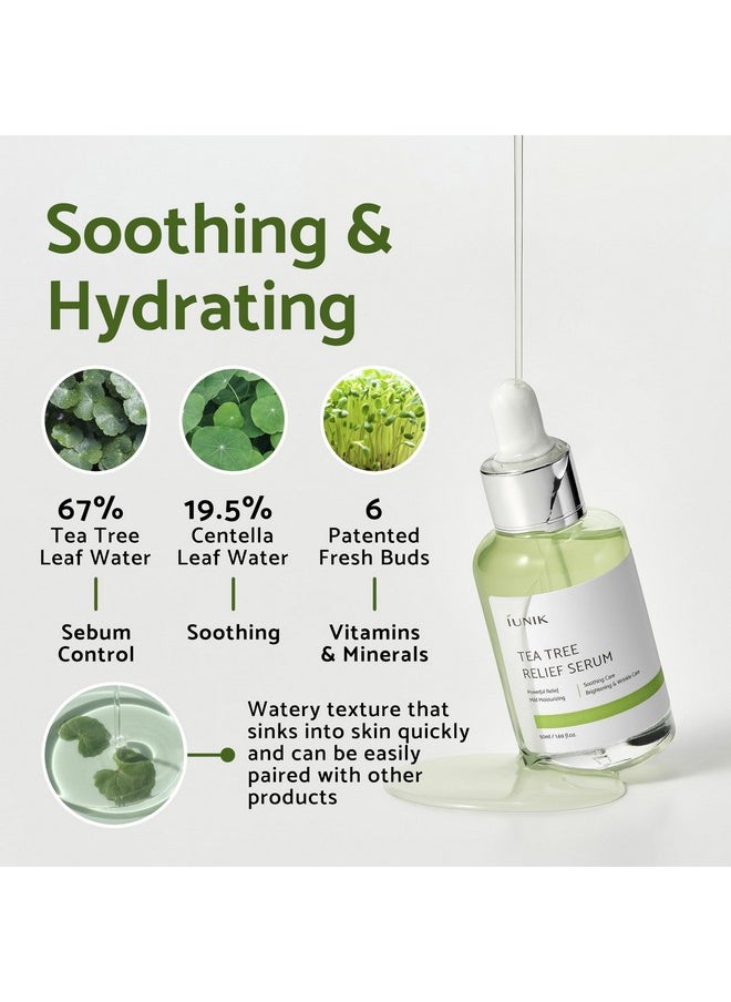 IUNIK Tea Tree 67% Relief Vegan Facial Serum - Non-Sticky | Clear & Balanced Skin w/Centella Asiatica 19% for Soothing Calming Irritated & Acne-prone Skin Ampoule Korean Skincare