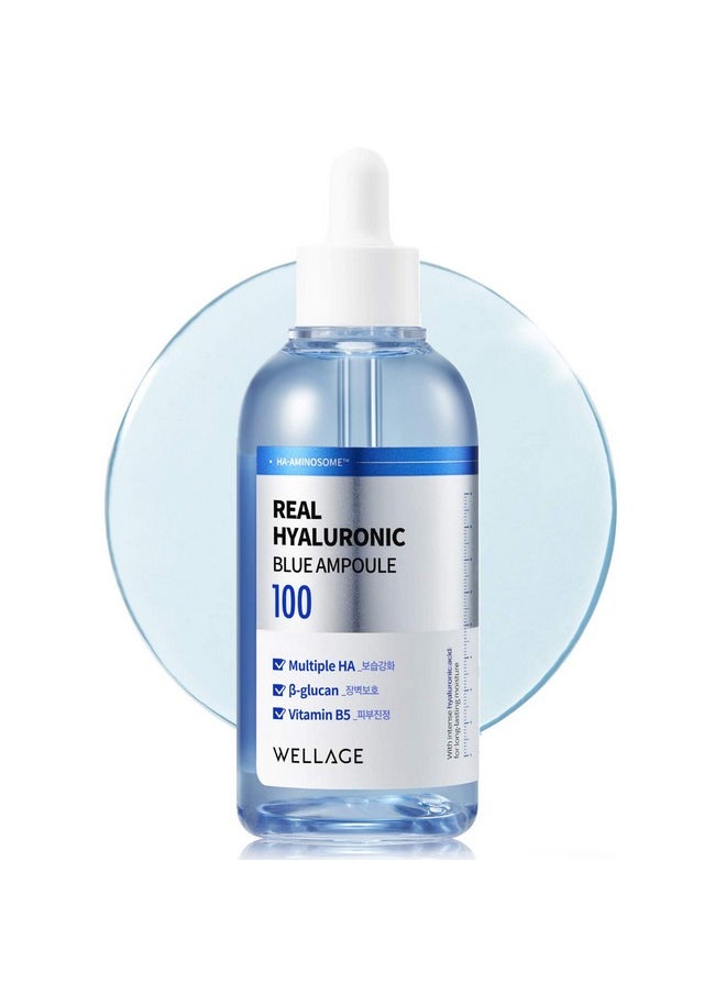 WELLAGE Real Hyaluronic Blue Ampoule 100, Fragrance Free Hyaluronic Acid Ampoule, Hydrating Non Sticky Serum for Sensitive Dry Skin, 2.54 fl.oz