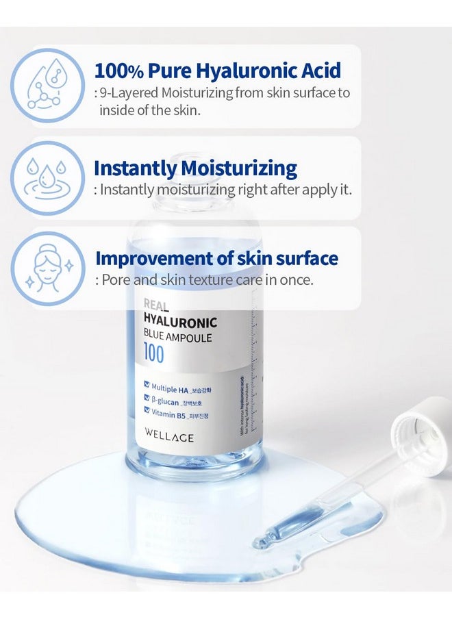 WELLAGE Real Hyaluronic Blue Ampoule 100, Fragrance Free Hyaluronic Acid Ampoule, Hydrating Non Sticky Serum for Sensitive Dry Skin, 2.54 fl.oz