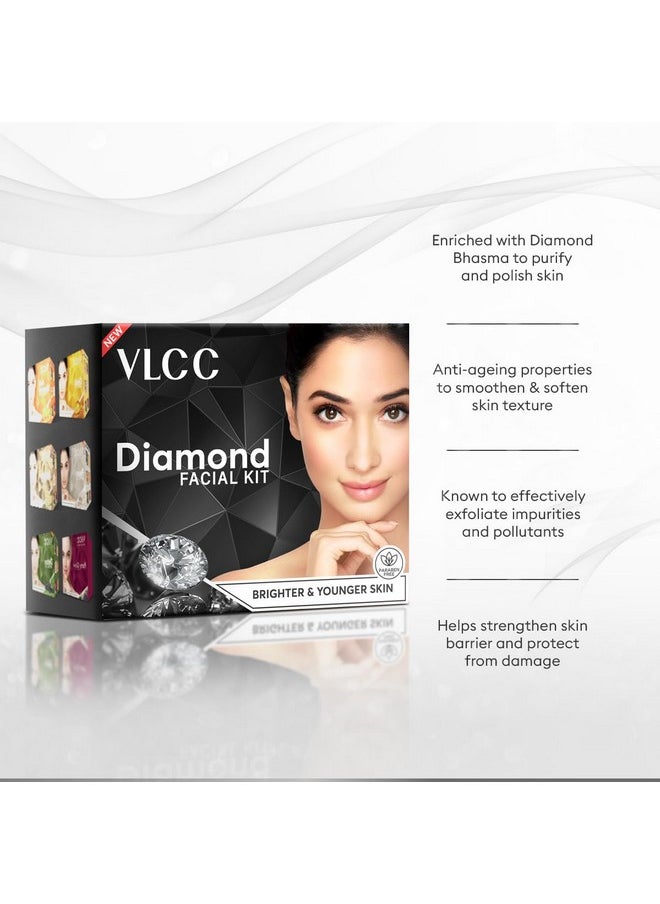 VLCC Party Diamond Facial Kit - Single Use | Salon Like Facial at Home in Just 6-Steps | Includes Cleanser, Scrub, Cream, Face Pack & Moisturizing Gels | 2.12 Oz/60g