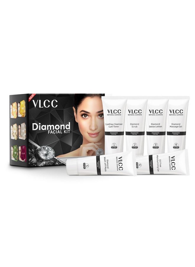 VLCC Party Diamond Facial Kit - Single Use | Salon Like Facial at Home in Just 6-Steps | Includes Cleanser, Scrub, Cream, Face Pack & Moisturizing Gels | 2.12 Oz/60g
