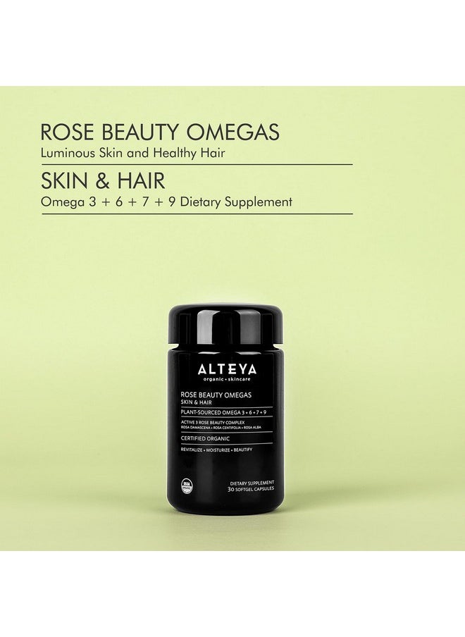 Alteya Organics Beauty Omega 3,6,7 and 9 with Rose Otto Extracts, Supports Beautiful Clear Skin, Fuller Hair and Strong Nails, Skin Beauty from Within Supplement - 30 Capsules