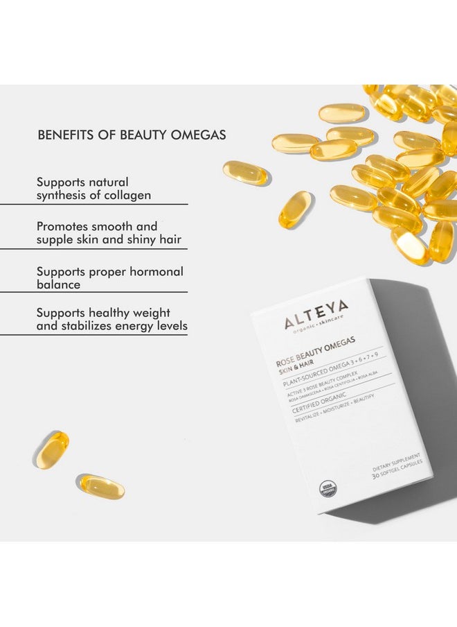 Alteya Organics Beauty Omega 3,6,7 and 9 with Rose Otto Extracts, Supports Beautiful Clear Skin, Fuller Hair and Strong Nails, Skin Beauty from Within Supplement - 30 Capsules