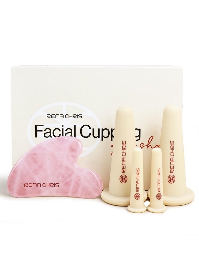 Rena Chris Facial Cupping Set & Gua Sha Facial Tool - Silicone Cupping Set & Rose Quartz Gua Sha Stone - Face Cupping Therapy Set for Natural Skin Care, Puffiness, Lip Plumping(Pink)