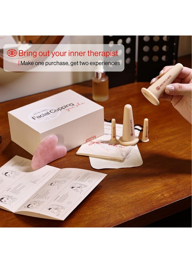 Rena Chris Facial Cupping Set & Gua Sha Facial Tool - Silicone Cupping Set & Rose Quartz Gua Sha Stone - Face Cupping Therapy Set for Natural Skin Care, Puffiness, Lip Plumping(Pink)