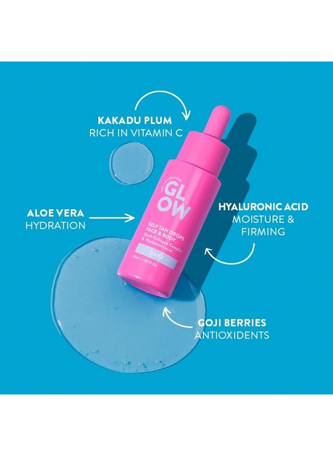 Australian Glow Self Tanning Drops With Hyaluronic Acid, for Face & Body, DARK - 1.35 fl. Oz / 40ml