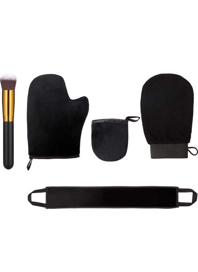 5 Pieces Self Tanning Mitt Applicator Kit, Includes Exfoliating Glove, Tanning Mitt, Mini Face Mitt, Back Lotion Applicator with Self Tanner Brush Large Flat Top Makeup Brush (Black)
