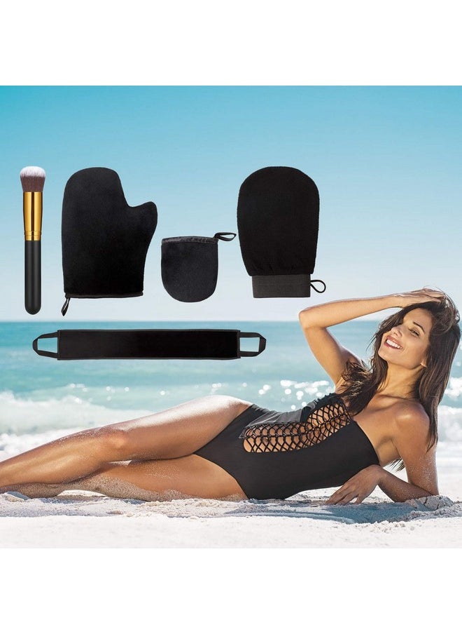 5 Pieces Self Tanning Mitt Applicator Kit, Includes Exfoliating Glove, Tanning Mitt, Mini Face Mitt, Back Lotion Applicator with Self Tanner Brush Large Flat Top Makeup Brush (Black)