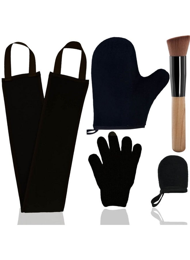 5 Piece Self Tanning Mitt Applicator Set with Self Tan Glove Tanning Back Lotion Applicator Tanning Brush Tan Face Mitt Exfoliating Glove, for Self Sunless Tanning Tan (black)