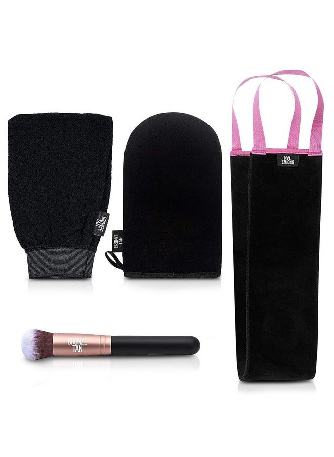 Bronze Tan Self Tanner Accessory Kit - Includes Self Tanning Mitt, Tan Remover Exfoliating Mitt, Easy-Reach Back Applicator, Tanning Brush Applicator for Face & Hands - Sunless Tanning Application
