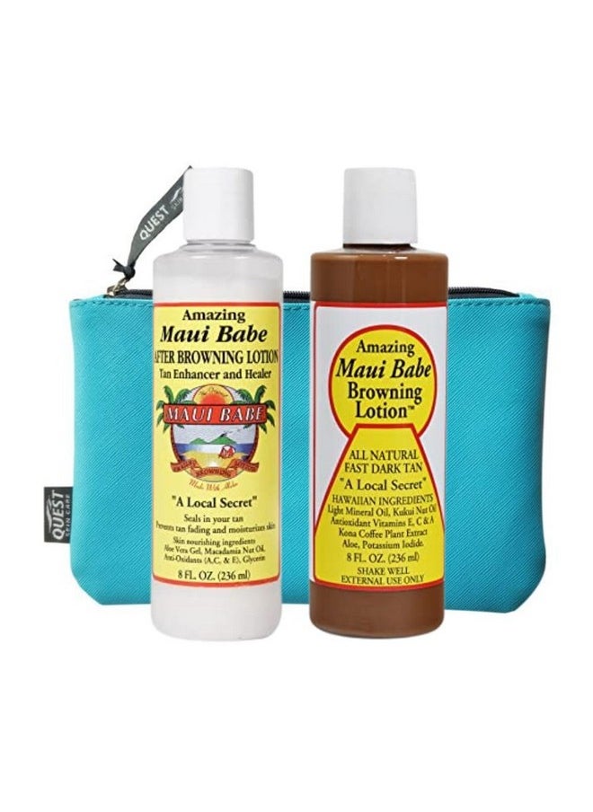 Maui Babe Before And After Browning Lotion 2 Pack - Outdoor Tanning Lotion 8oz & After Sun Lotion 8 oz With Makeup Bag - Maui Babe Suntan Lotion - Dark Tanning Formula Sun Tanning Lotion