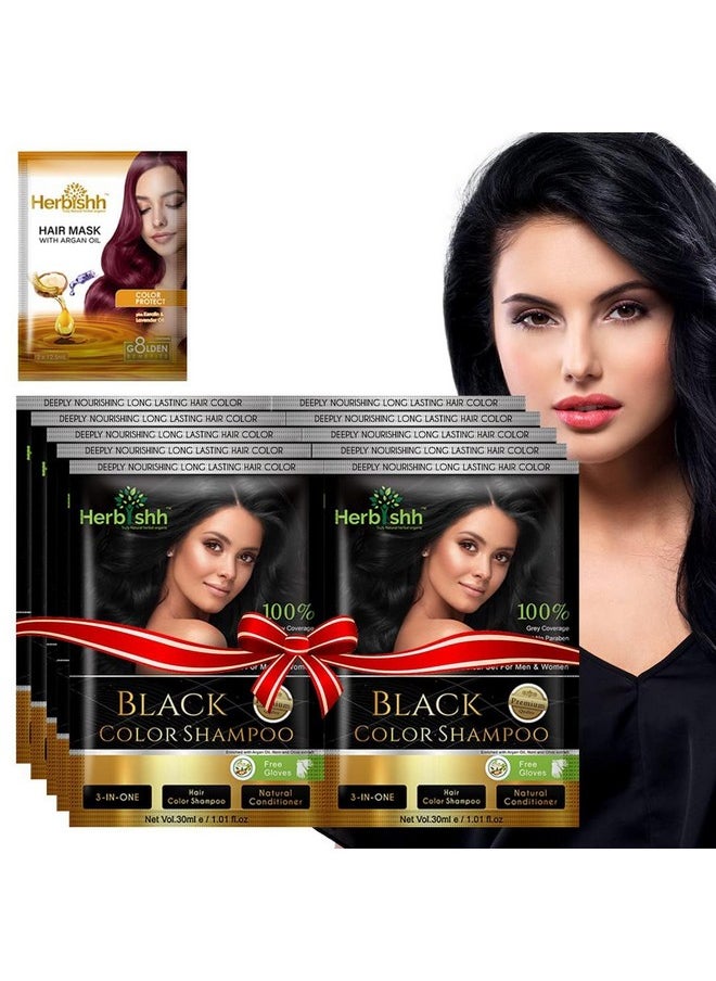 Herbishh Natural Hair Dye Shampoo with Argan Mask - Long-Lasting Color for Gray Hair - Travel Size, 10+1 Pack, Ammonia-Free (Black)