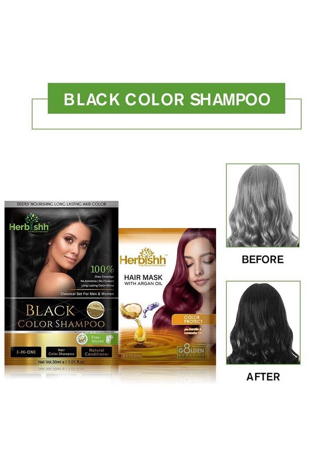 Herbishh Natural Hair Dye Shampoo with Argan Mask - Long-Lasting Color for Gray Hair - Travel Size, 10+1 Pack, Ammonia-Free (Black)