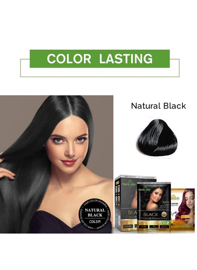 Herbishh Natural Hair Dye Shampoo with Argan Mask - Long-Lasting Color for Gray Hair - Travel Size, 10+1 Pack, Ammonia-Free (Black)