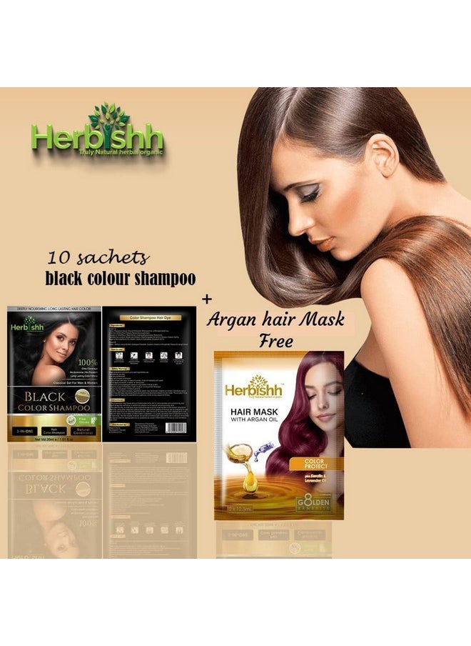 Herbishh Natural Hair Dye Shampoo with Argan Mask - Long-Lasting Color for Gray Hair - Travel Size, 10+1 Pack, Ammonia-Free (Black)