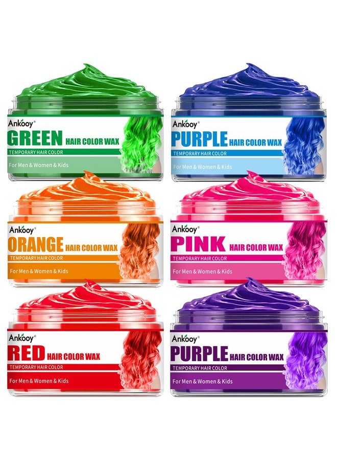 6 Pack Hair Color Wax, Temporary Natural Hair Coloring Mud for Men, Women, Kids - Daily, Party, Cosplay, Halloween DIY (Green, Orange, Pink, Purple, Red, Blue)