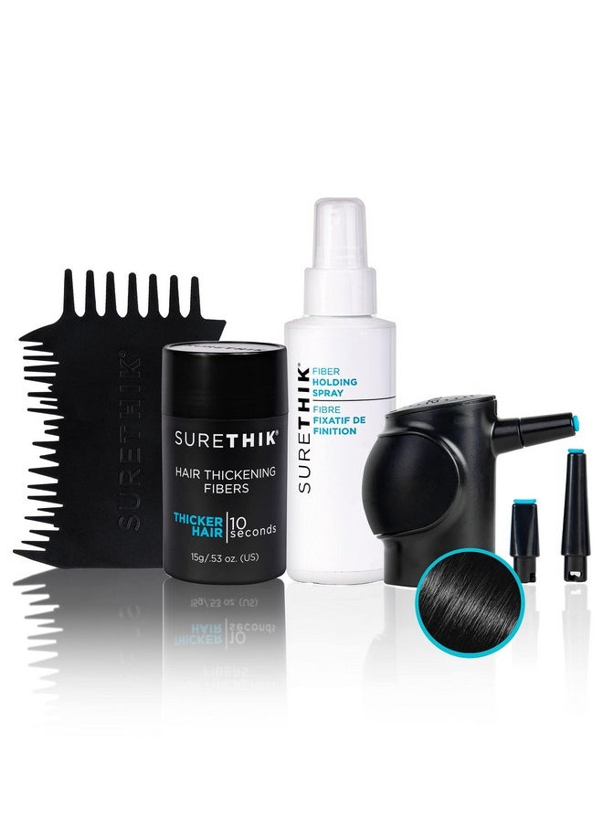 SureThik Hair Thickening Fiber Starter Package - With Application Tools - Comes with 1 x 15g Hair Fiber, 1 x 3oz Holding Spray, 1 x Hair Fiber Spray Applicator & 1 x Hairline Tool (Black)