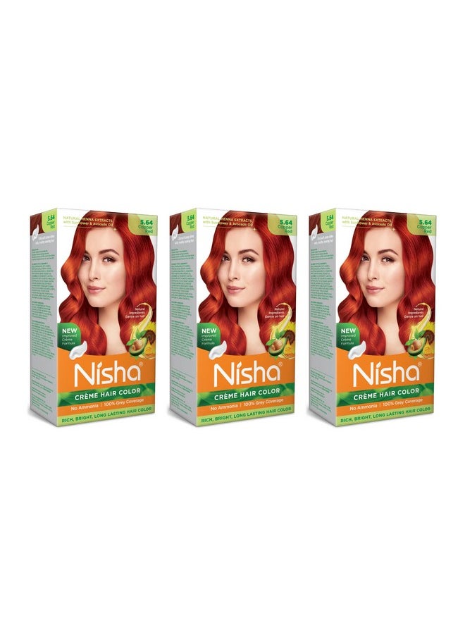 Nisha Creme Hair Color Permanent Hair Dye Color Kit With Improved Creme Formula for 100% Gray Coverage Ammonia Free Hair Color Dye for Rich Bright Long lasting Hair Color (Copper Red, Pack of 3)