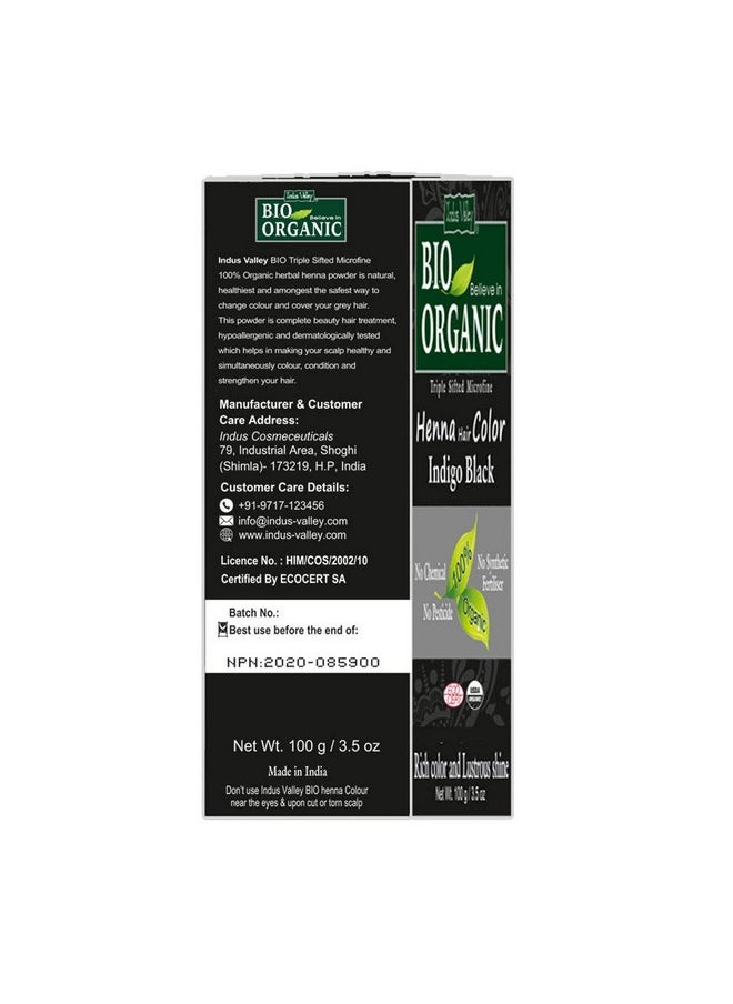 Indus Valley Bio Organic Natural Henna Hair Color Indigo Black 100gm| 100% Gray Hair Coverage And Long Lasting Hair Dye | Vegan and Cruelty-Free