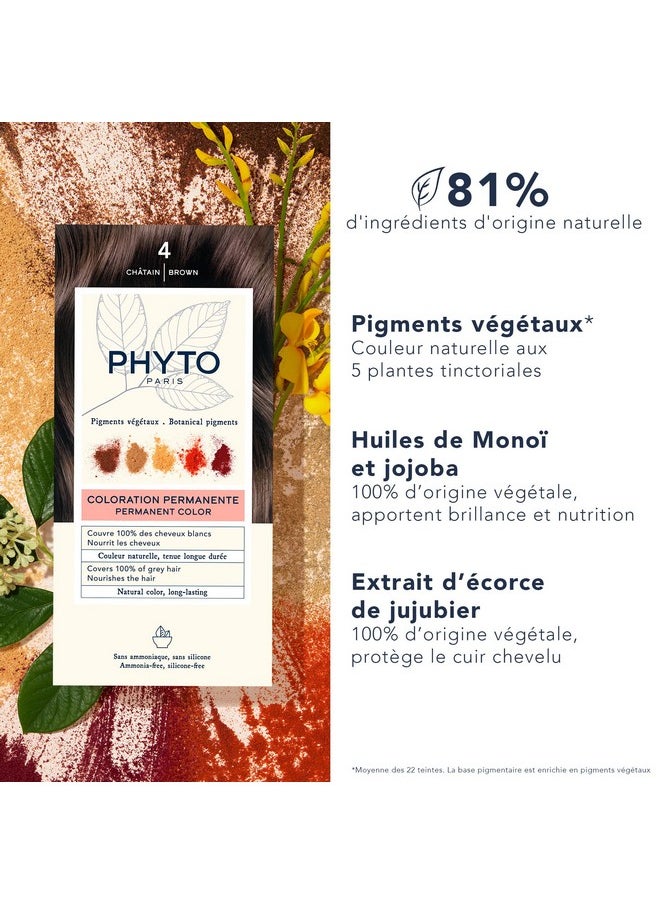 PHYTO Phytocolor Permanent Hair Color, 4 Brown, with Botanical Pigments, 100% Grey Hair Coverage, Ammonia-free, PPD-free, Resorcin-free, 0.42 oz.